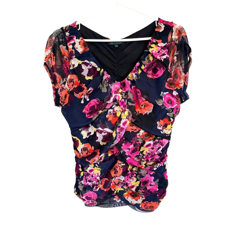 VTG Y2K For Cynthia Floral Babydoll Top Mesh Short Sleeves Ruched Large Indie